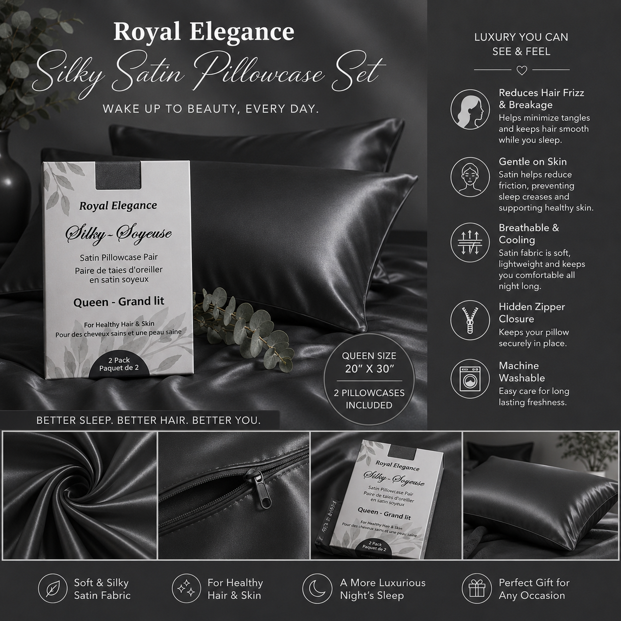 Silky Satin Pillowcase - Midnight Grey
