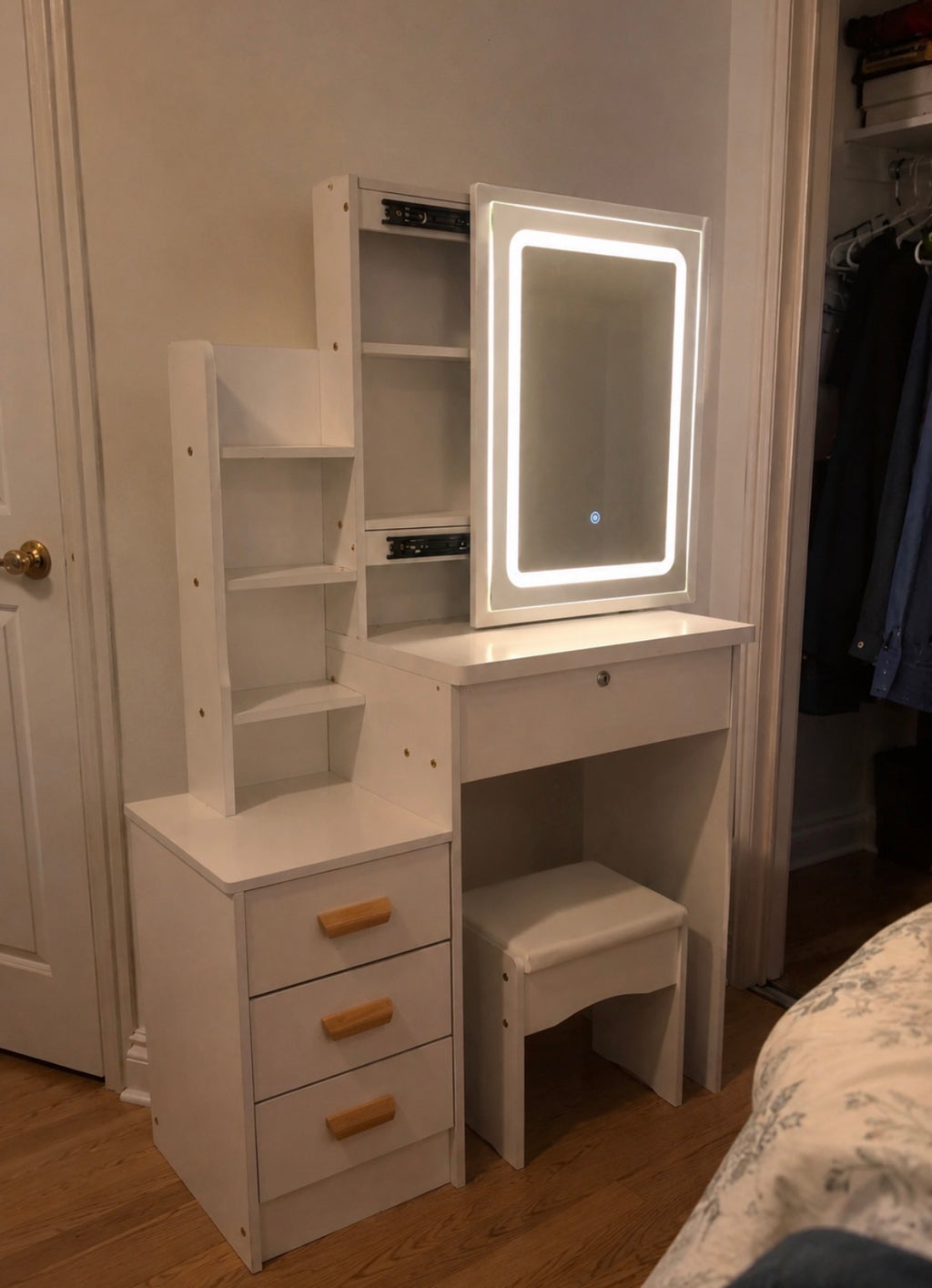 White LED Makeup Vanity with Matching Stool