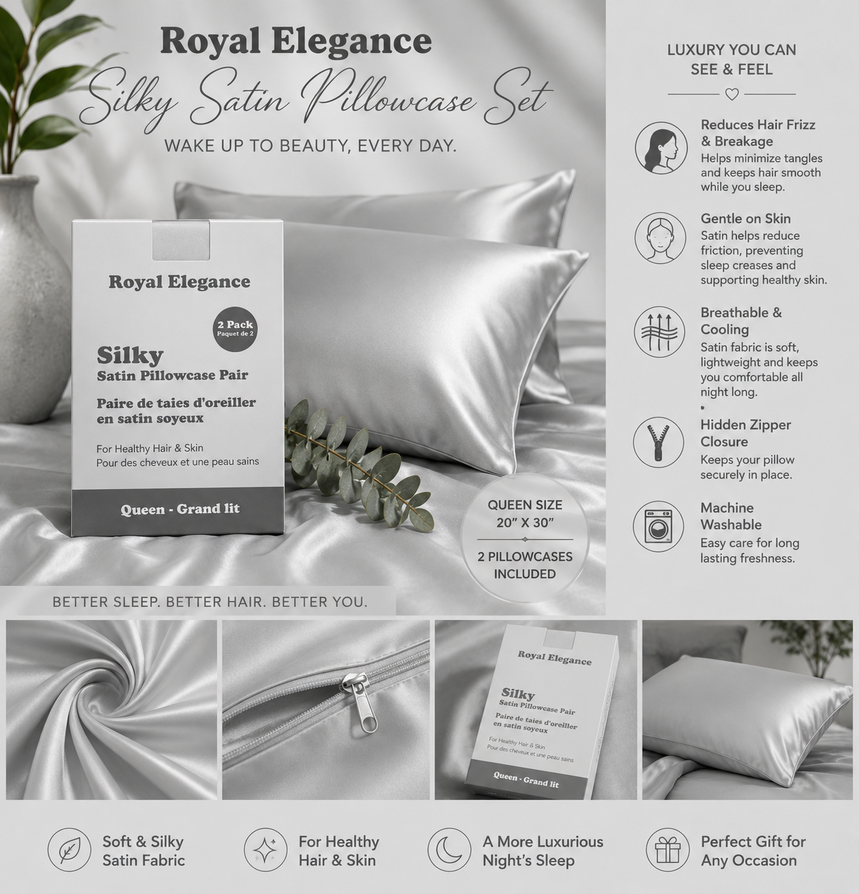 Silky Satin Pillowcase - Ivory Pearl